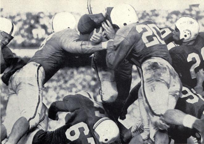 Maryland quarterback Jack Scarbath scoring a touchdown in #3 Maryland's 28-13 win over #1 Tennessee in the 1952 Sugar Bowl