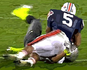 Auburn's Michael Dyer rolling over an Oregon tackler