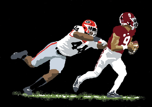 Georgia defender bearing down on Alabama quarterback Bryce Young in the national championship game to cap the 2021 season
