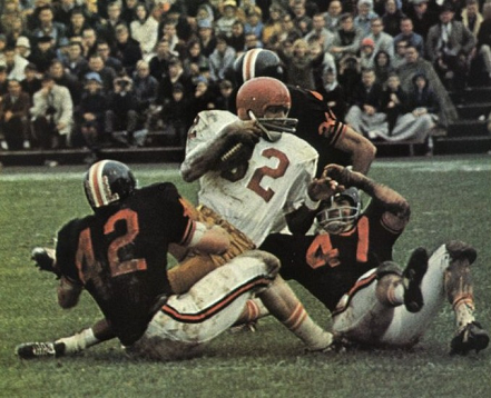 Southern Cal running back O. J. Simpson being gang-tackled by Oregon State in a 3-0 upset loss in 1967