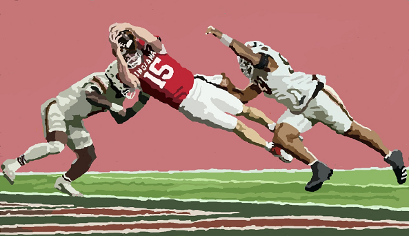 MS-Painting of Indiana quarterback Fernando Mendoza's dive into the end zone to cap a 12 yard touchdown run against Miami in the national championship game